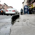 – Steel curb edging, sidewalk, negligence, slip-trip & fall, Upper Eastside, Manhattan.<BR>In front of convenience store and adjacent to a fire hydrant; multiple signs of disrepair.