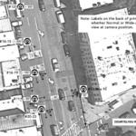 – Cropped sample of camera position diagram from pedestrian/traffic assignment;<BR>Coney Island Ave., Brooklyn, NY. Distance measurements, frame/image numbers<BR>and POV's of camera are indicated.