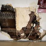 – Building maintenance; ceiling/wall water damage/repairs<BR> leading to staircase slip-trip & fall case, Brooklyn, NY.<BR>Hallway entrance, staircase, ceiling and floor surface views <BR>with & w/o rulers. (This view of ceiling, halfway up staircase,<BR>looking up to 2nd floor.)